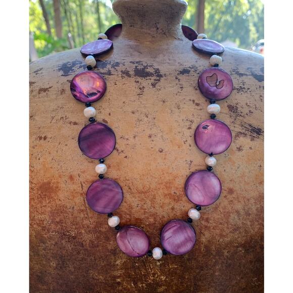 Violet Mother of Pearl, White Freshwater Pearl and Black Crystal Necklace - Picture 3 of 4